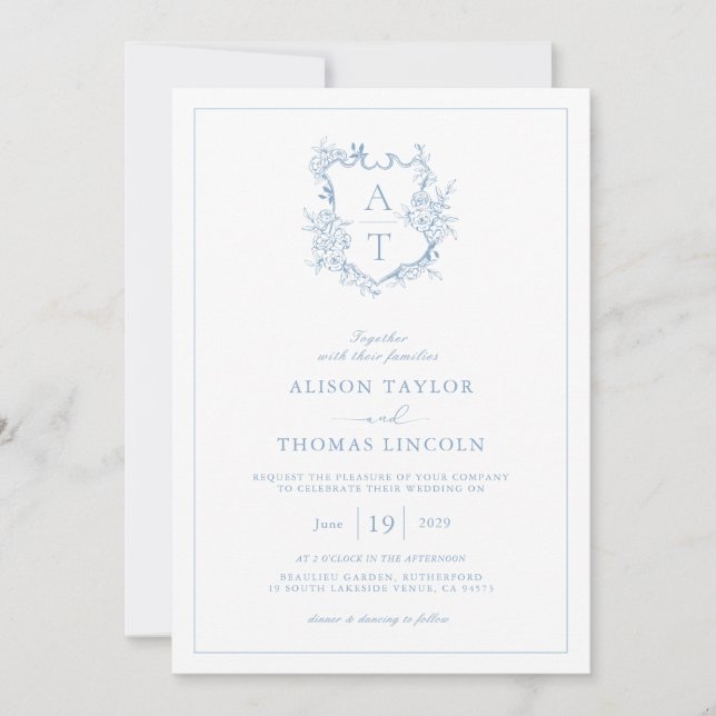 Invitation Crest Dusty Blue Monogram QR Code Mariage (Devant)