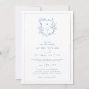 Invitation Crest Dusty Blue Monogram QR Code Mariage