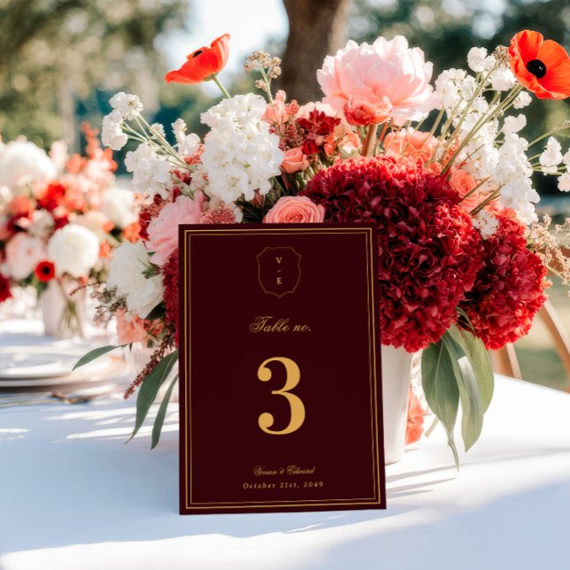 Invitation Crest Monogram Burgundy Gold Wedding Table Number (Créateur téléchargé)