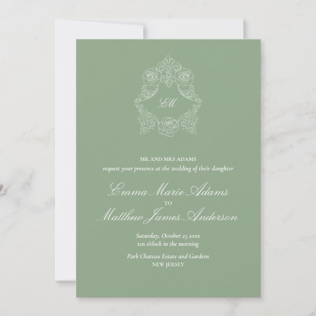 Invitation Crest Monogram Logo Sage Green Wedding (Devant)