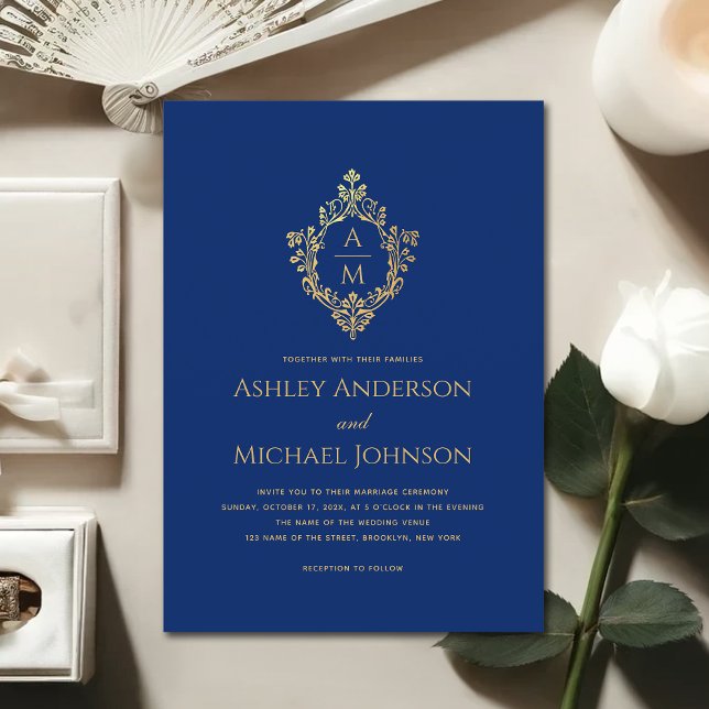 Invitation Crest Monogram Royal Blue Faux Gold Foil Mariage (Créateur téléchargé)