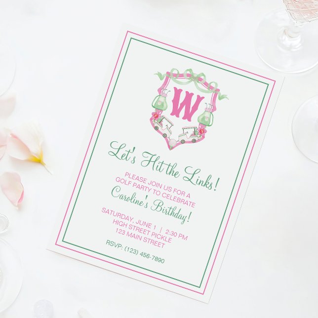 Invitation Crest Monogramme Chariot de Golf Rose et Vert Aqua (Créateur téléchargé)