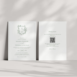Invitation Crest Sage vert Monogramme QR Code Mariage