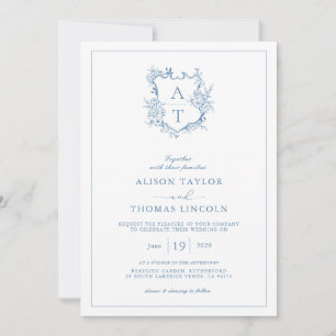 Invitation Crest Vibrant bleu Monogramme QR Code Mariage