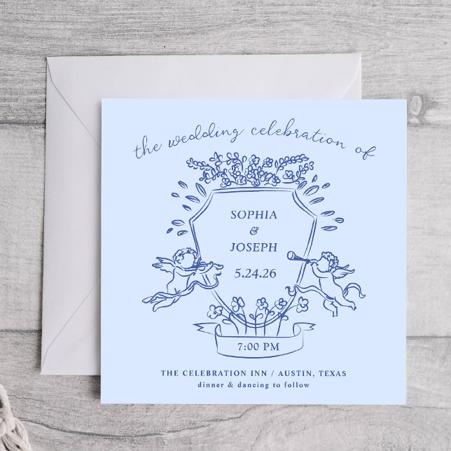 Invitation Crête à main bleue avec Cherubs | MARIAGE (Créateur téléchargé)