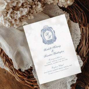 Invitation Crête baroque Bleu Français Antique Mariage II