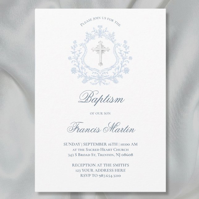 Invitation crête bleue élégante | Baptême (Créateur téléchargé)