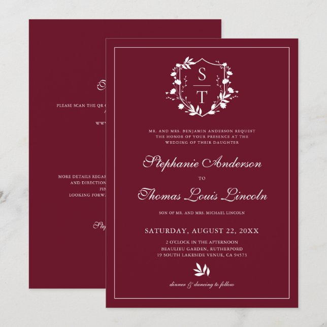 Invitation Crête Botanique Mariage Bourgogne Code QR (Devant / Derrière)