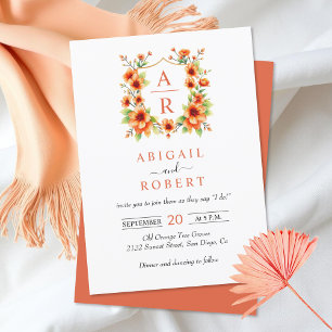 Invitation Crête de fleur orange et initiales mariage floral