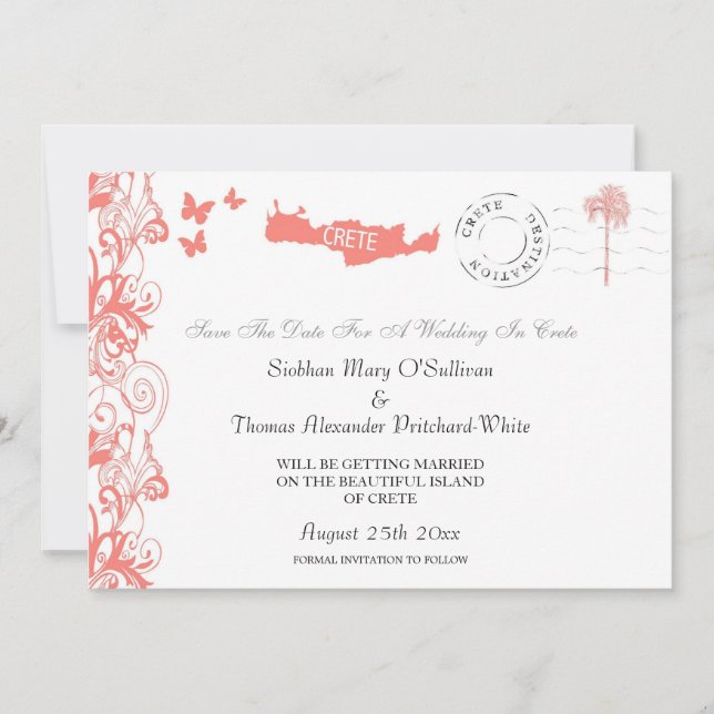 Invitation Crète Enregistrer La Date En Corail Rose Et Blanc (Devant)