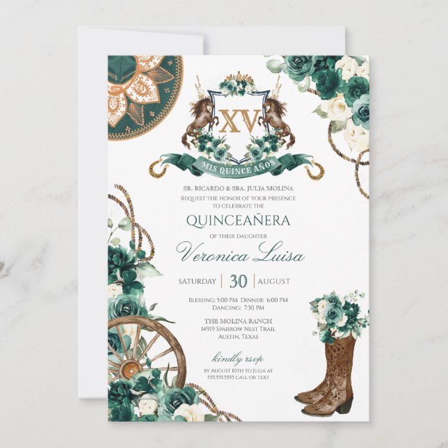 Invitation Crête florale Charro Emerald Green Quinceanera (Devant)