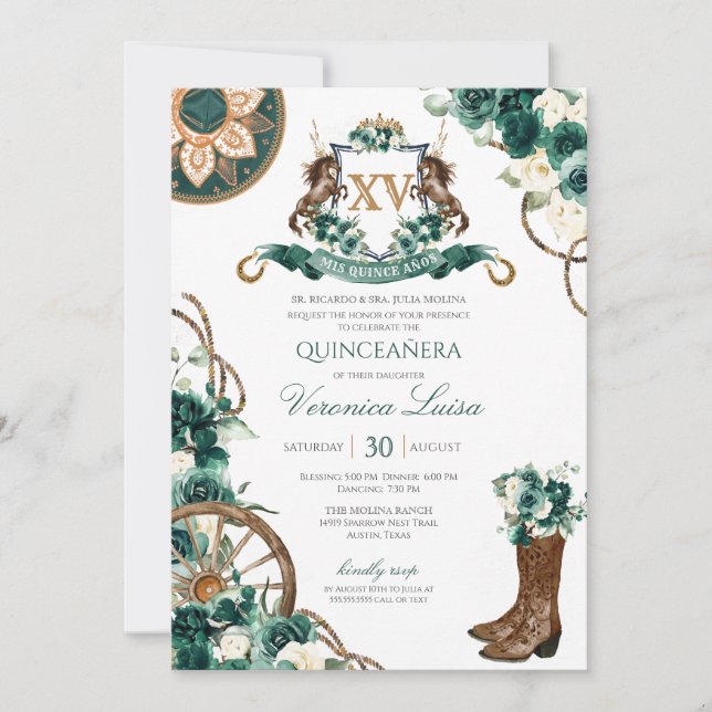 Invitation Crête florale Charro Emerald Green Quinceanera (Devant)