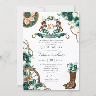 Invitation Crête florale Charro Emerald Green Quinceanera