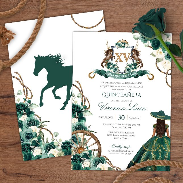 Invitation Crête florale Emerald Green Charro Quinceanera Inv (Créateur téléchargé)