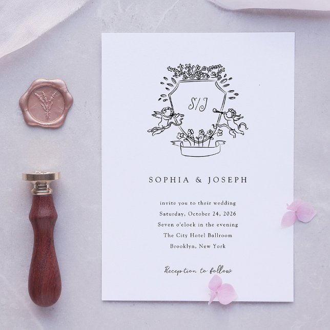 Invitation Crête lunaire | Mariage noir et blanc Monogramme (Créateur téléchargé)