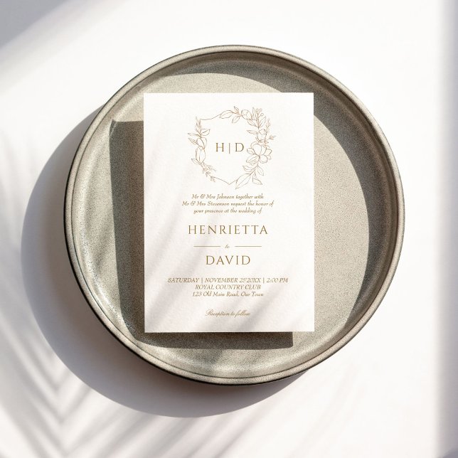 Invitation crête mariage or botanique simple élégant (Wedding crest simple elegant botanical gold wedding invitation template instant download)