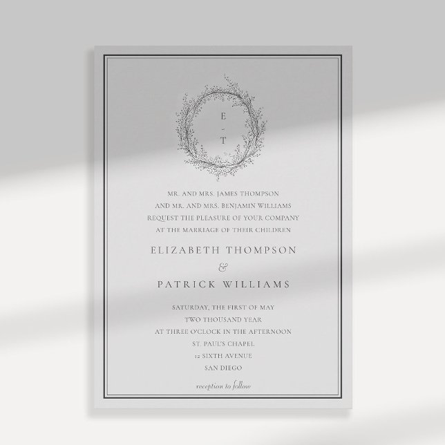 Invitation Crête sauvage de verdure Formelle Mariage traditio (wildflowers wedding invitation black and white formal traditional botanical crest parents names)