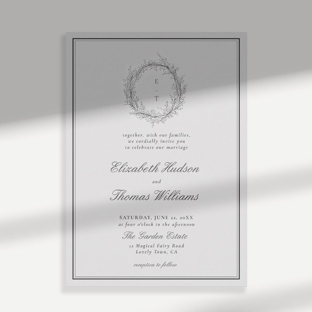 Invitation Crête sauvage de verdure Formelle moderne classiqu (wildflowers wedding invitation black and white formal traditional botanical crest modern classic)