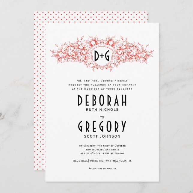 Invitation Crête vintage rouge et mariage des initiales (Devant / Derrière)