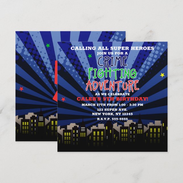 Invitation Crime Fighting Adventure Super Héros fête d'annive (Devant / Derrière)