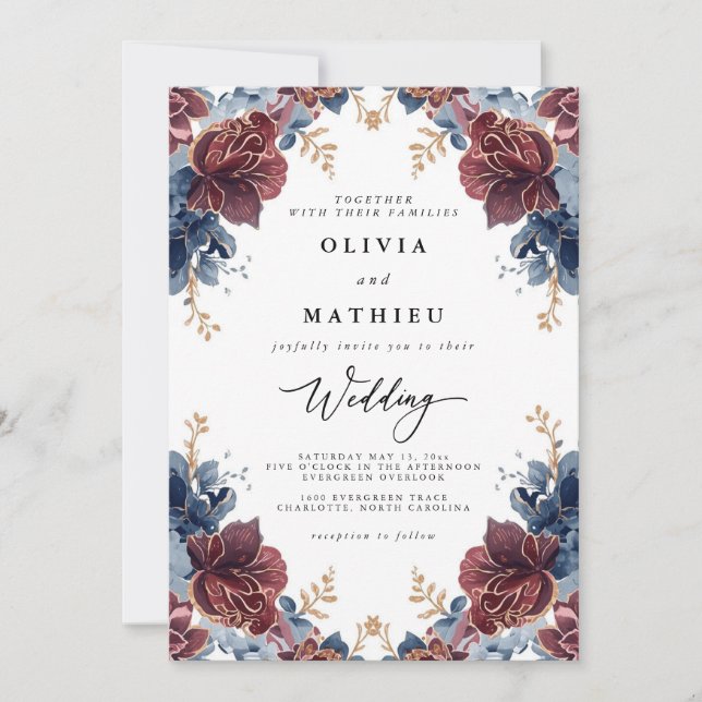 Invitation Crimson Blue Floral Romance Mariage (Devant)