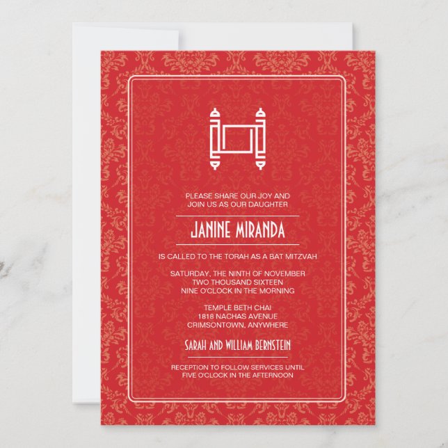 Invitation Crimson Damask Torah Bat mitzvah (Devant)