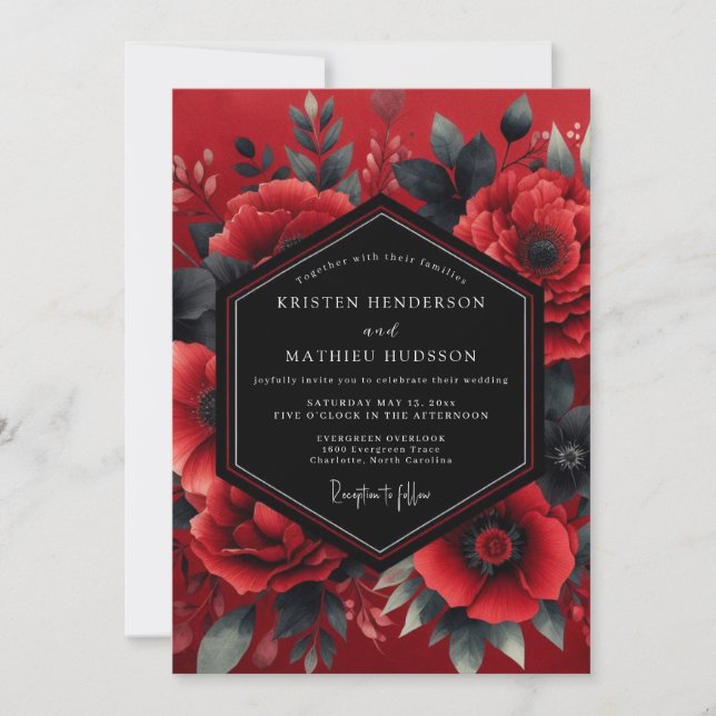 Invitation Crimson Dramatic Bloom Wedding (Devant)