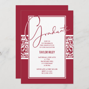 Invitation Crimson et blanc Damask Graduation
