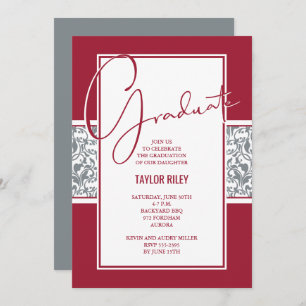 Invitation Crimson Grey Damask Graduation