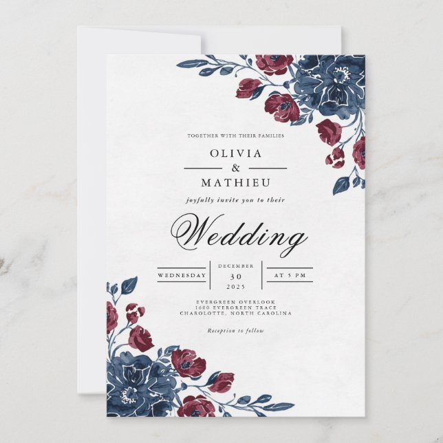 Invitation Crimson Navy Floral Archway Wedding (Devant)