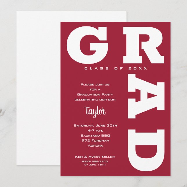 Invitation Crimson on White Graduation Party (Devant / Derrière)
