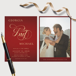 Invitation Crimson Red & Gold Script Mariage photo moderne