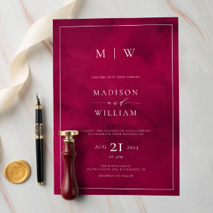 Invitation Crimson Red Monogram & Border Mariage élégant