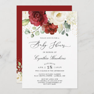 Invitation Crimson Rouge Blanc Rustique Chic Baby shower Flor