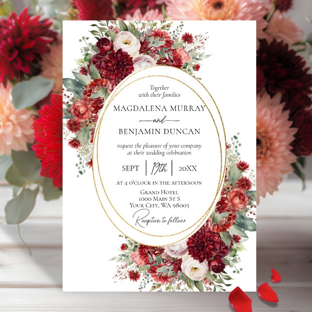 Invitation Crimson Rouge Floral Dahlia Oval Gold Frame Mariag (Créateur téléchargé)