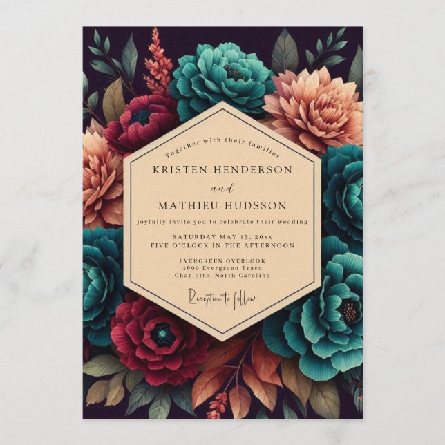Invitation Crimson & Teal Opulent Bloom Wedding (Devant)