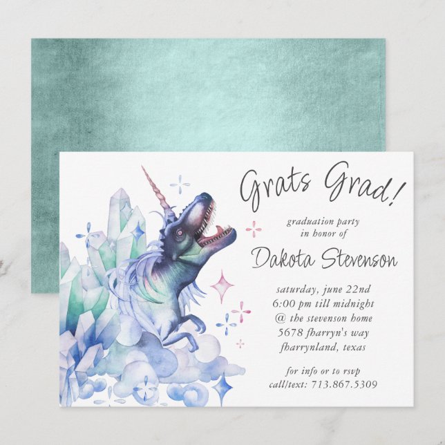 Invitation Cristal Dinocorn | Unicorn Dinosaur Grad Party (Devant / Derrière)