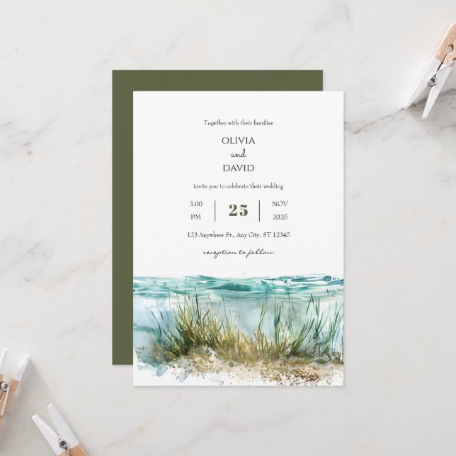 Invitation Cristal eaux claires Seagrass Marine Beach Mariage (Devant/Arrière en situation)