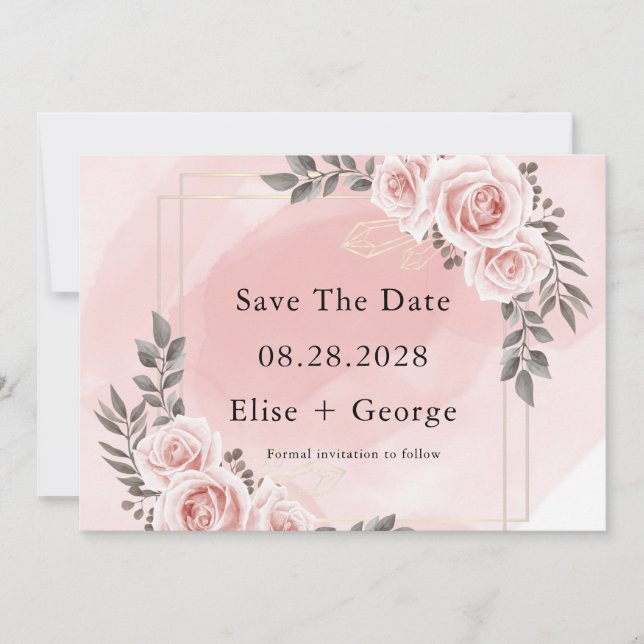Invitation Cristal Or Floral Rose Bleu Enregistrer La Date (Devant)