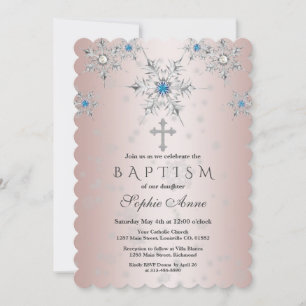 Invitation Cristaux de flocons d'argent Blue Pearl rose Baptê