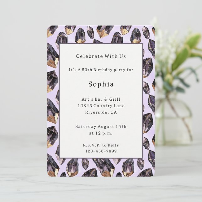 Invitation Cristaux de naissance en or violet (Debout devant)