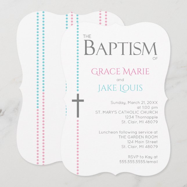 Invitation croisée de baptême jumelle (Devant / Derrière)