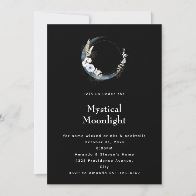 Invitation Croissant de Lune Bleu avec Fleurs Blanches Hallow (Devant)