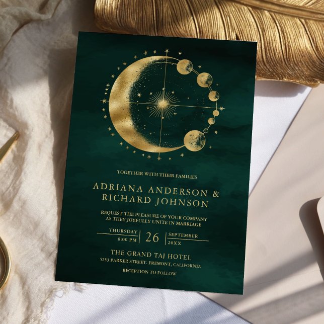 Invitation Croissant de Lune de Mariage en Or Émeraude Célest (Créateur téléchargé)