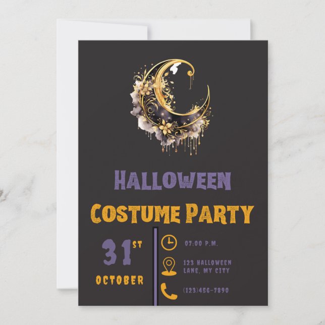 Invitation Croissant de lune moderne noir et or Halloween mod (Devant)