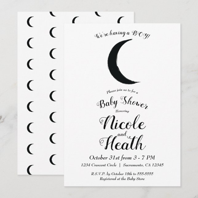 Invitation Croissant de Lune Noir Astrologie Zodiaque Baby Sh (Devant / Derrière)
