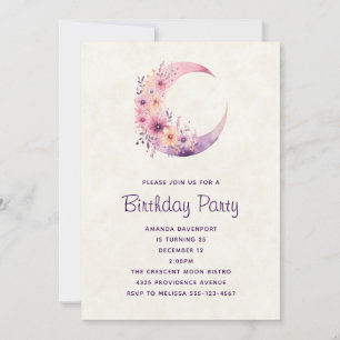 Invitation Croissant de lune rose avec joyeux anniversaire au