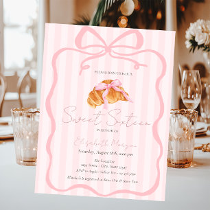 Invitation Croissant Parisien Ruban Rose Rayures Roses Sweet