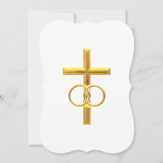 Invitation Croix 3-D dorée avec anneaux de mariage (Devant)