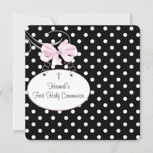 Invitation Croix à pois rose pour la première communion des f